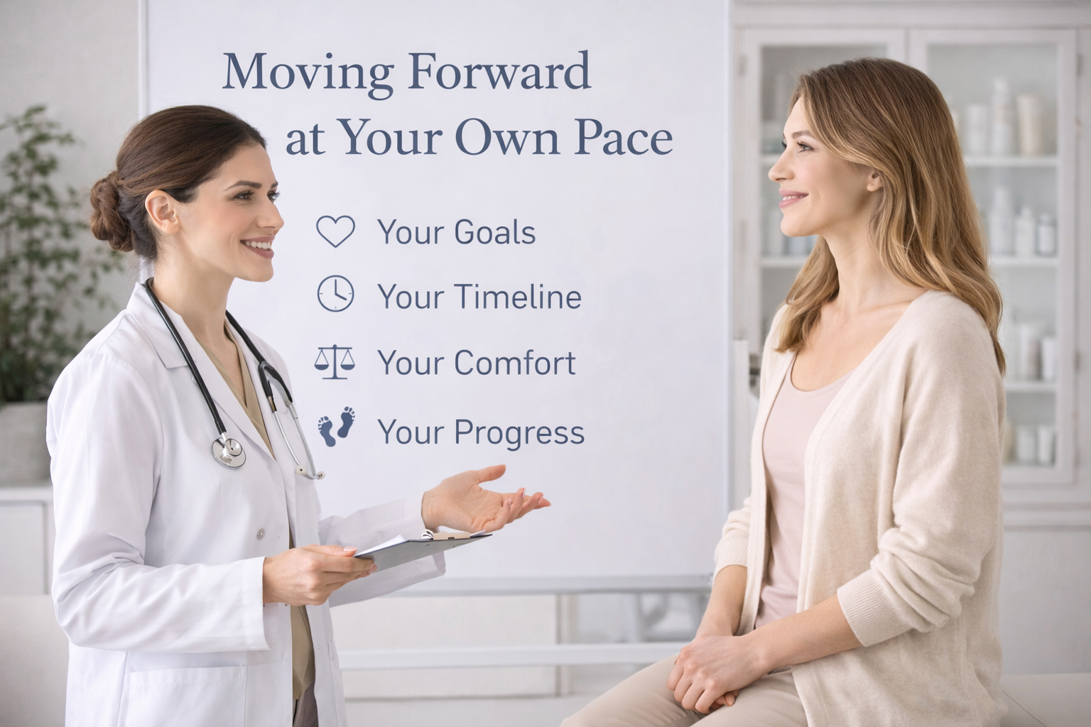 A person sitting in a comfortable, private consultation room, speaking with a professional who is listening attentively.